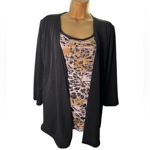 Christopher & Banks Faux Twinset Top Mixed Print Open Front Black XL